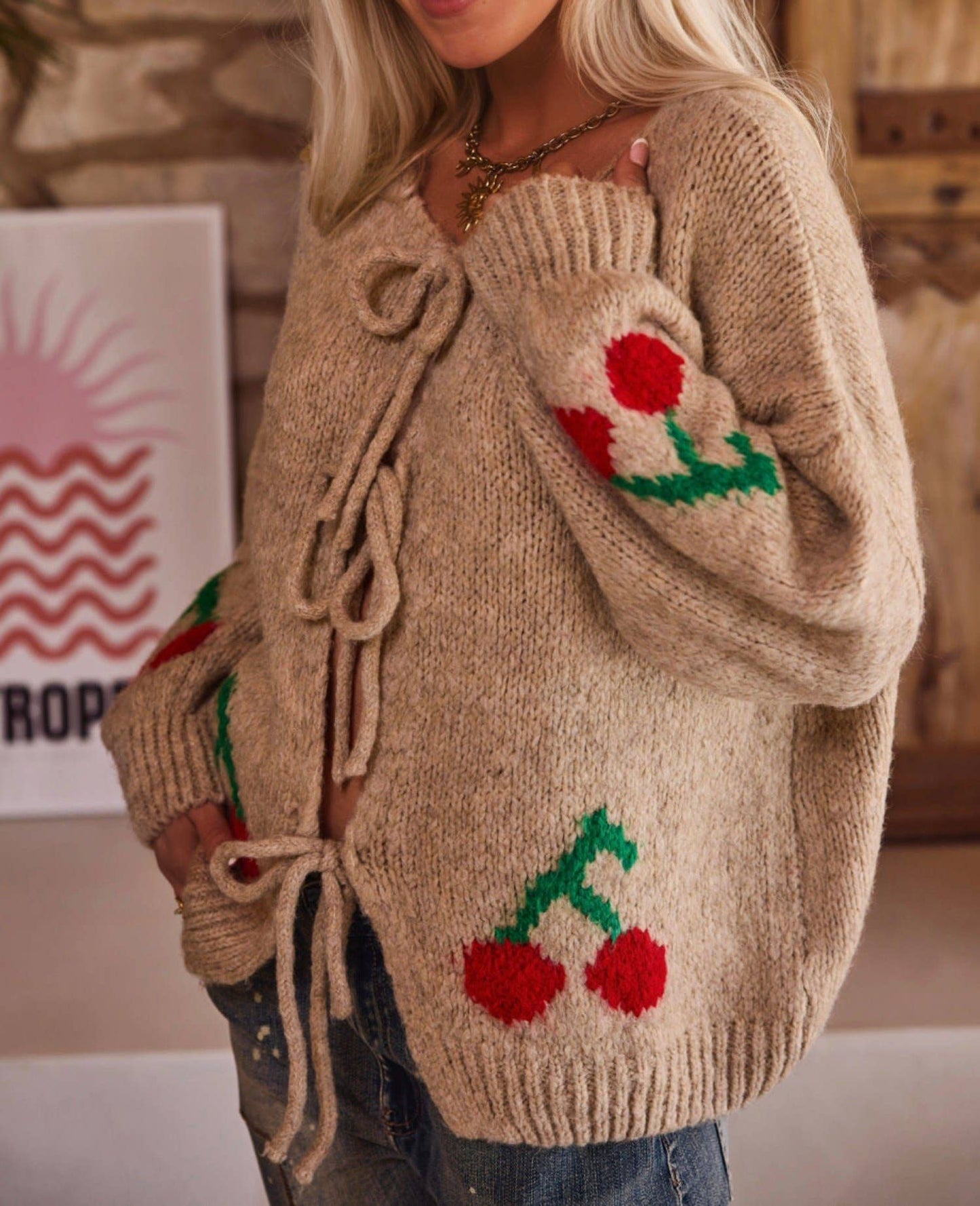 Cherry embroidery jacquard lace-up cardigan