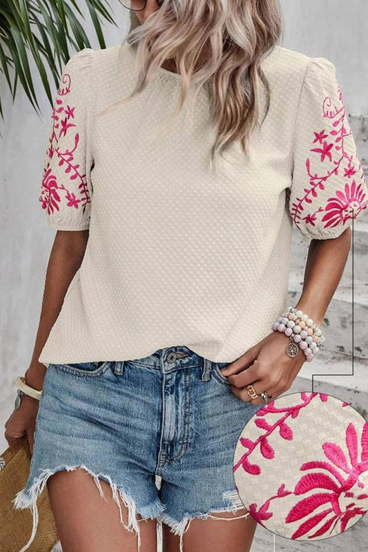 CWTBLS2264_EMBROIDERED PUFF SLEEVE CREW NECK BLOUSE