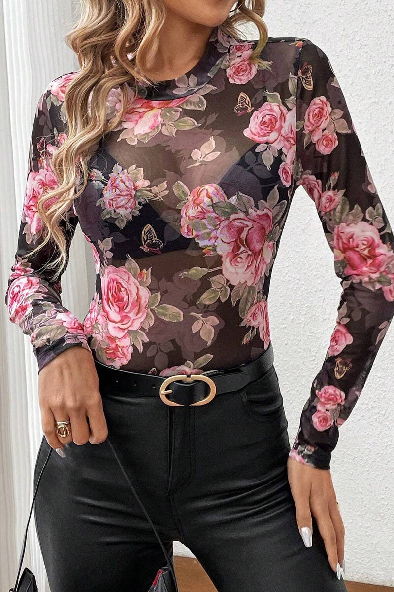 CWTBLL3479_FLORAL PRINT SMALL STAND COLLAR MESH SLIM FIT TOP