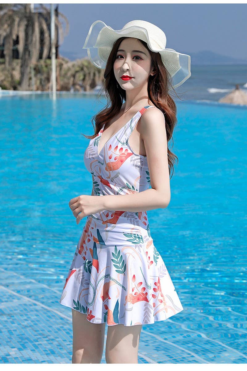 CWMW0865_V-NECK SLEEVELESS PRINTED SKIRT-STYLE SWIMSUIT
