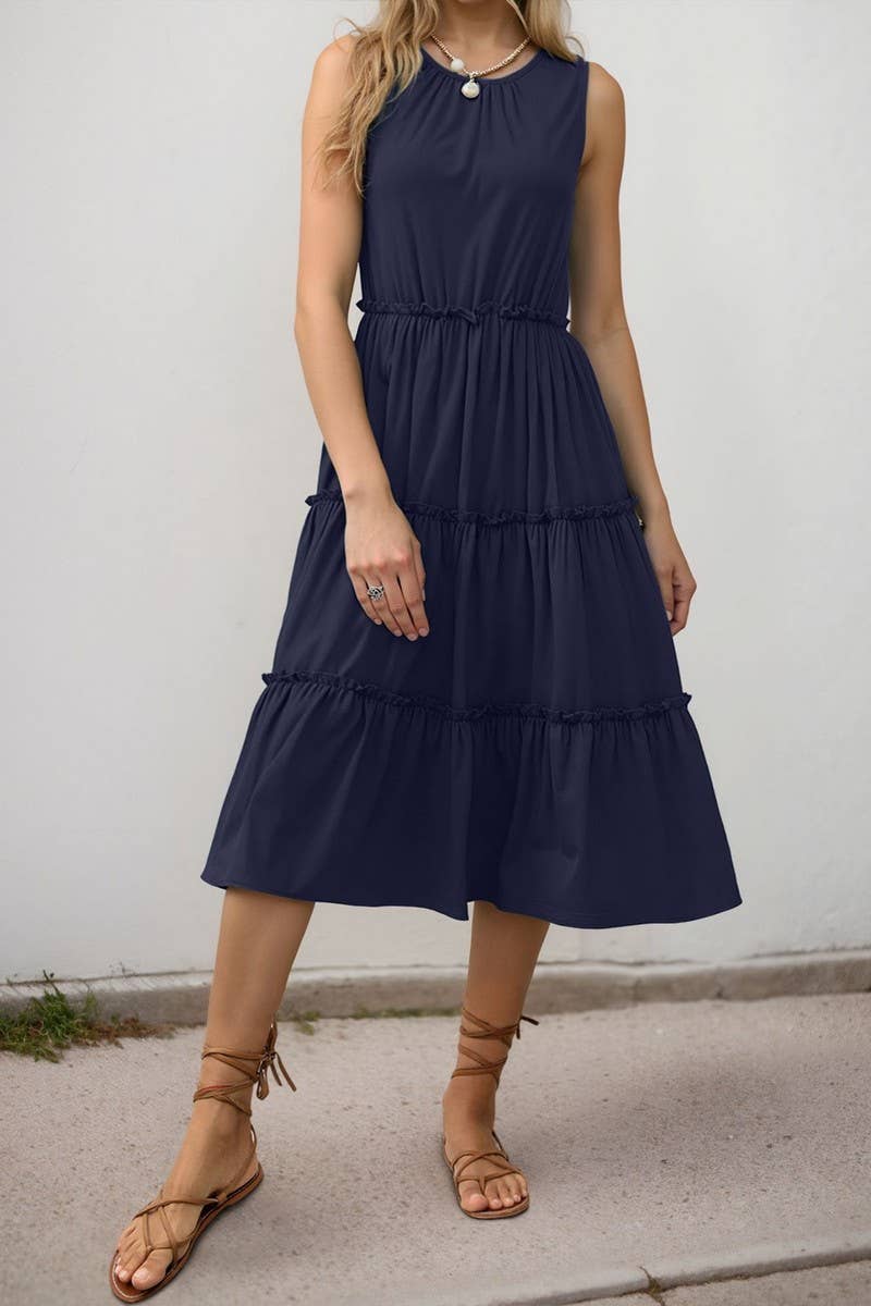 CWDMD5773_SOLID RUFFLED SLEEVELESS PLEATED MIDI DRESS