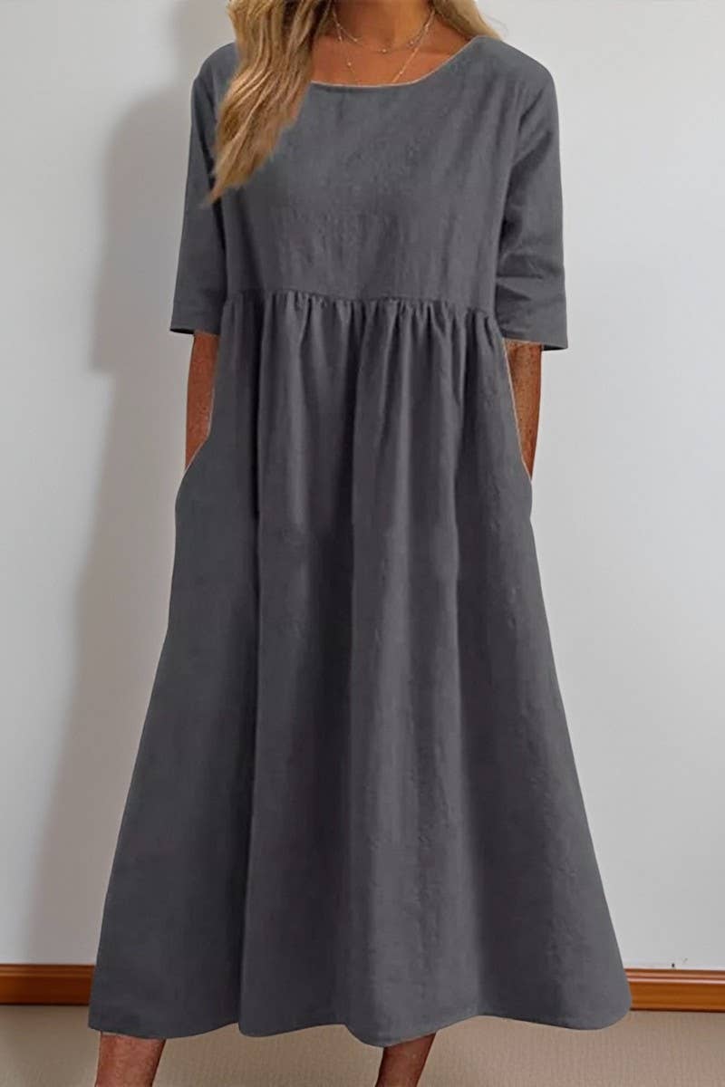 CWDMD01005_ROUND NECK SOLID COLOR COTTON AND LINEN DRESS