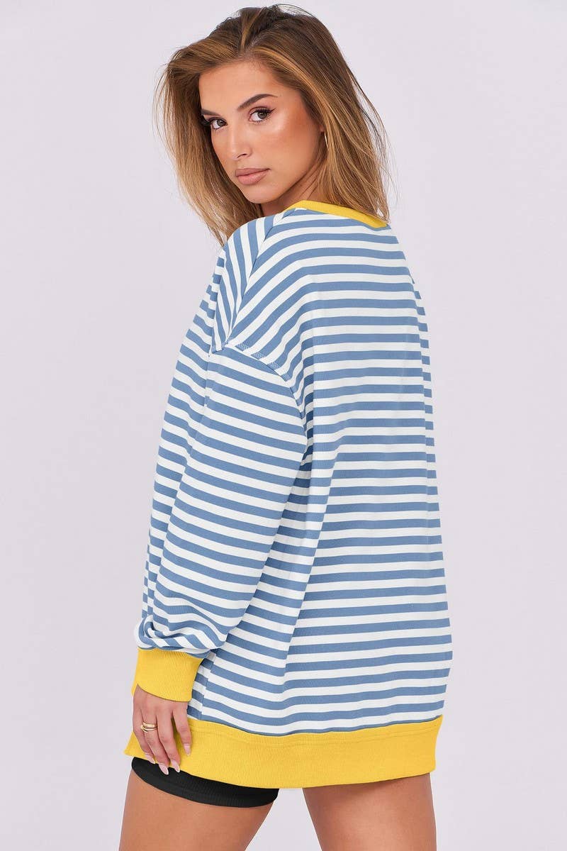 CWTBLL00830_COLORFUL STRIPE V NECK LOOSE SWEATSHIRT