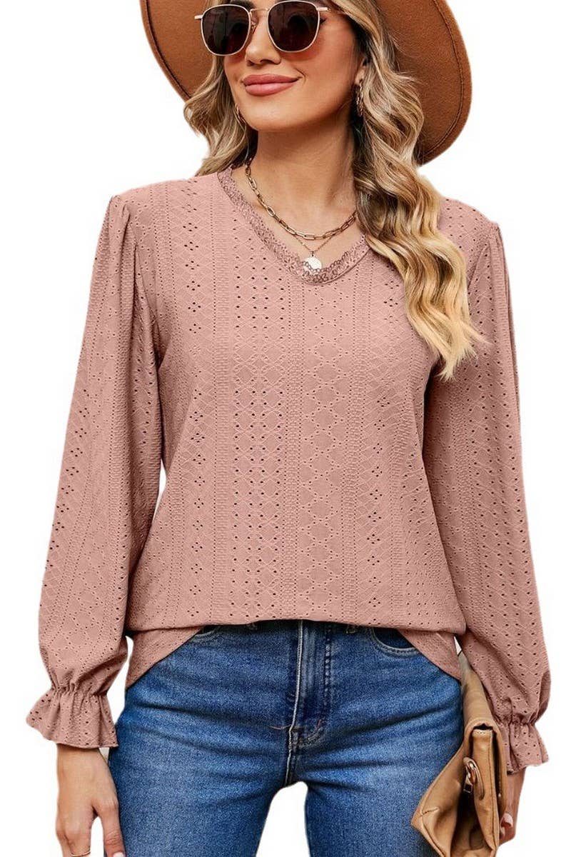 CWTBLL2394_V-NECK LONG-SLEEVED HOLLOW LACE PATCHWORK TOP