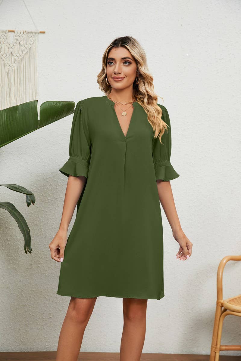 CWDSD3115_SOLID COLOR V-NECK LOOSE QUARTER-SLEEVE MINI DRESS