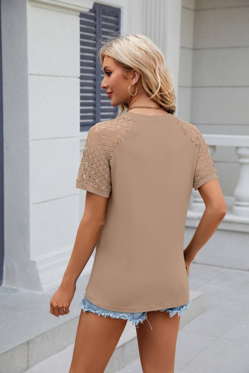 CWTTS0812_Round Neck Contrast Lace Short  Sleeve Blouse