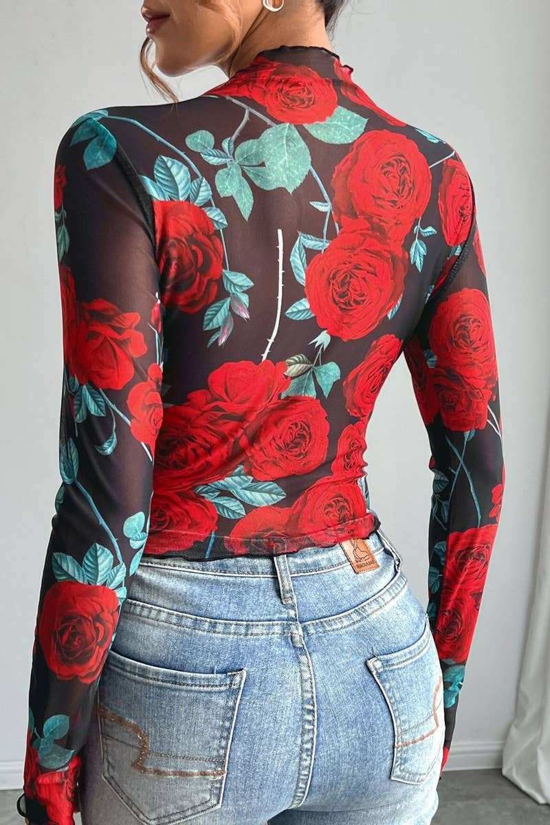 CWTBLL3910_SHEER ROSE FLORAL PRINT LONG SLEEVE MESH TOP