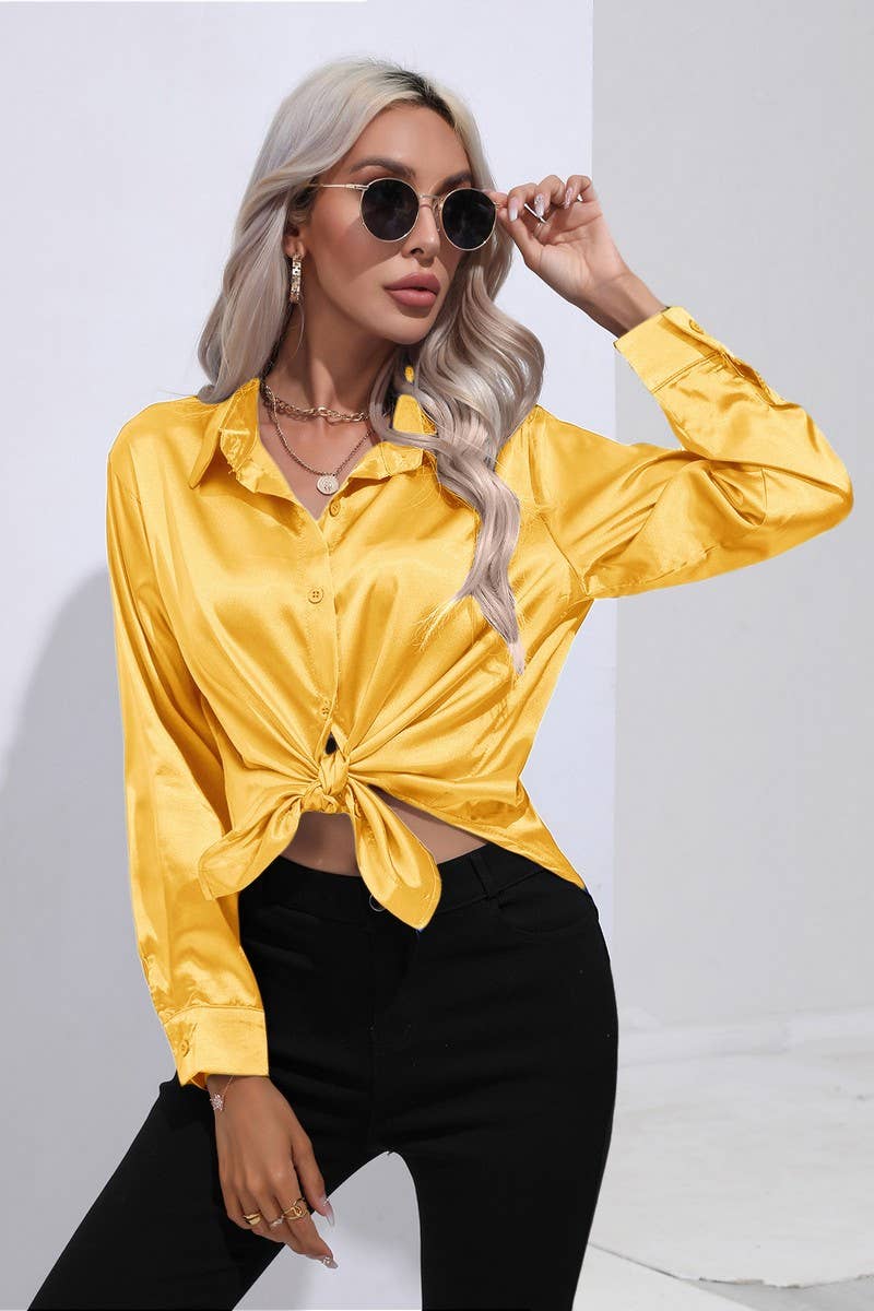 CWTBLL0690_Button Down Silky Satin Long Sleeve Top