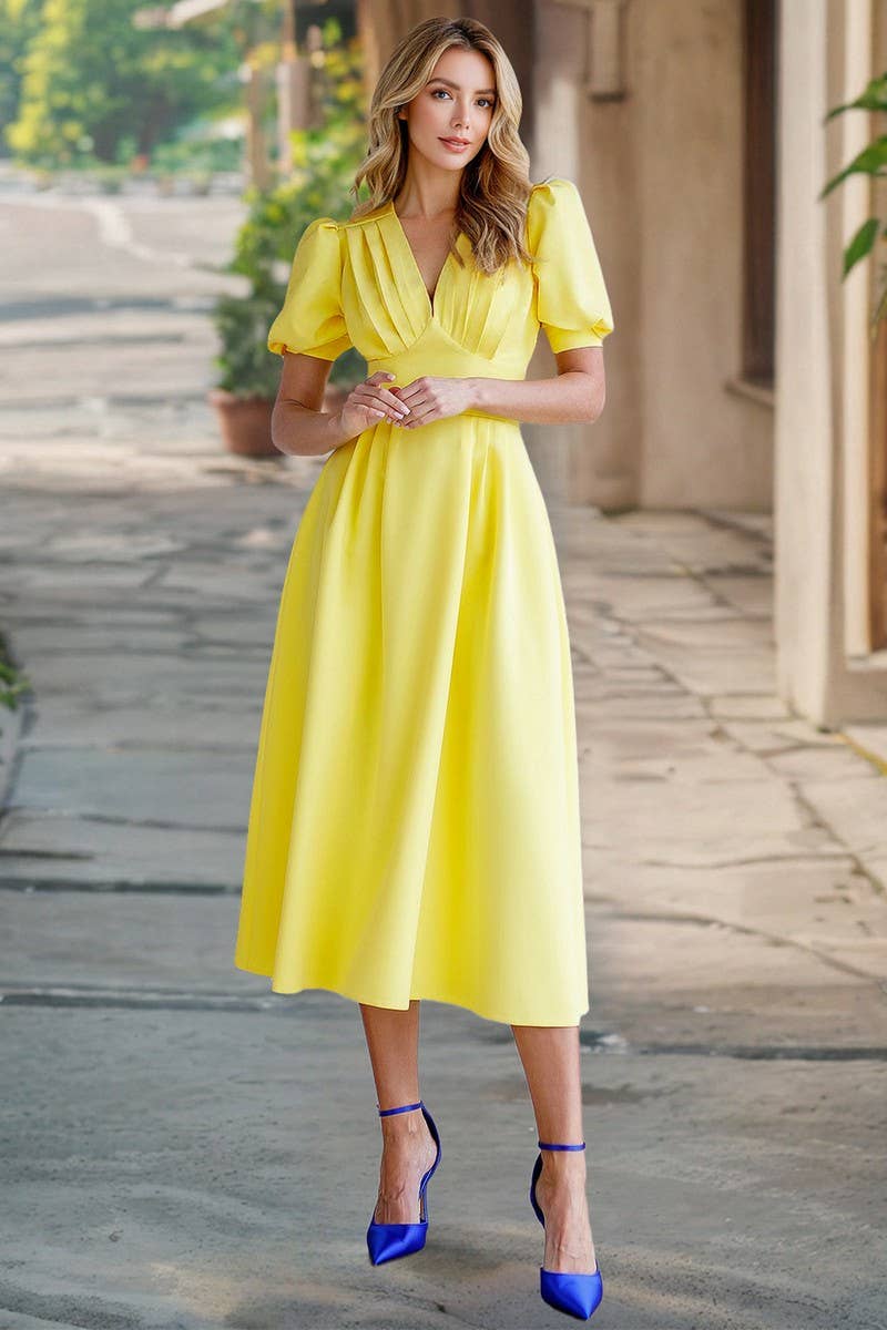 CWDMD6126_SOLID V-NECK LANTERN SLEEVE BODYCON DRESS