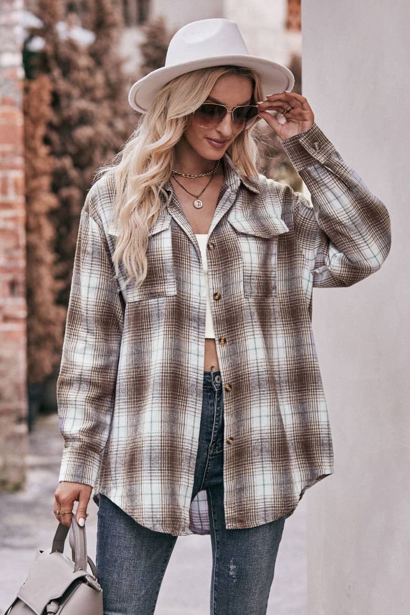 CWTSTL2188_AUTUMN WINTER POCKET PLAID LONG-SLEEVED SHIRT