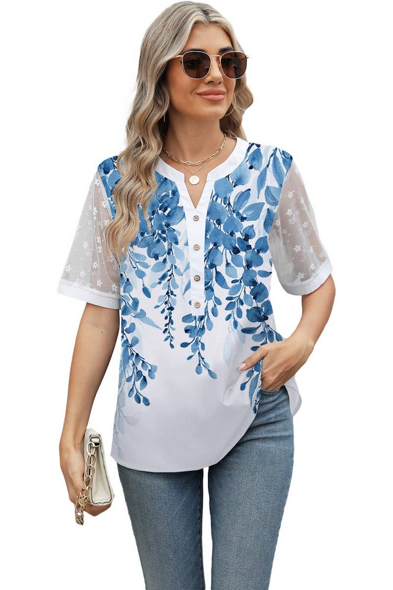 CWTBLS1706_V-NECK PRINTED CHIFFON SHORT-SLEEVED TOP