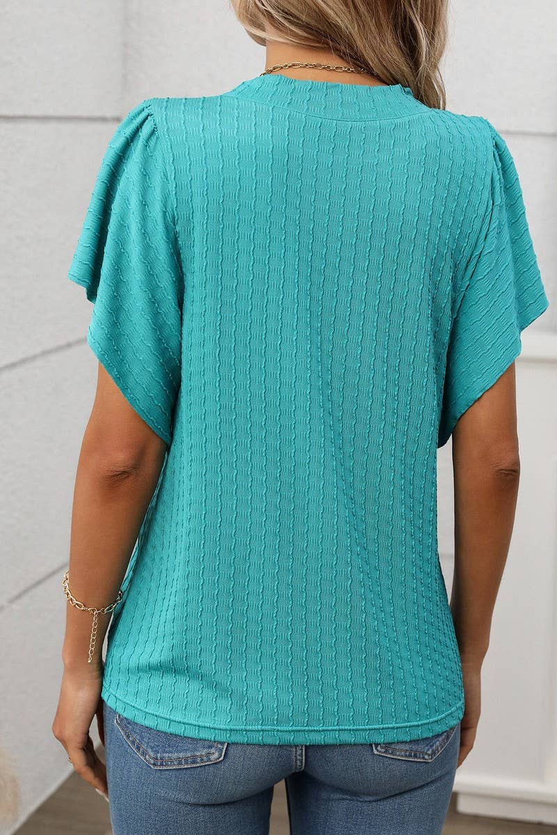 CWTBLS1718_SOLID COLOR ROUND NECK RUFFLE SLEEVE TOP