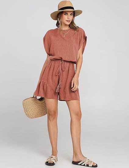 COTTON LINEN CASUAL BELTED SHORT SLEEVE ROMPER