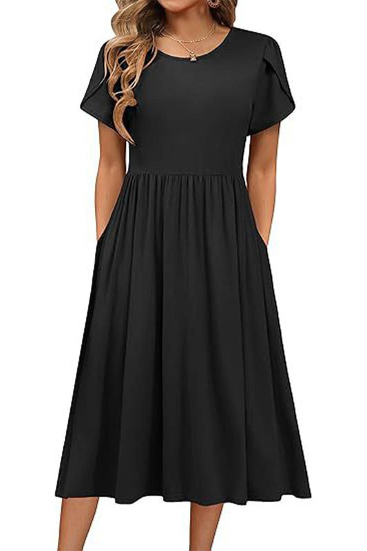 CWDMD6365_ROUND NECK PETAL SLEEVES MIDI PRINT DRESS