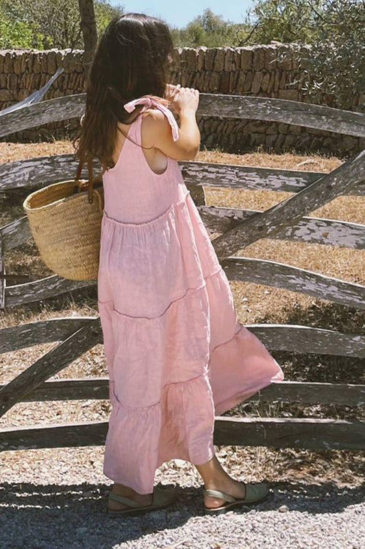 COTTON AND LINEN PATCHWORK LACE-UP DRESS