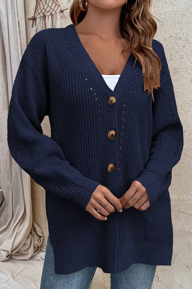 CWOCAL353 Button Down Sleeve V-Neck Cardigan Sweater