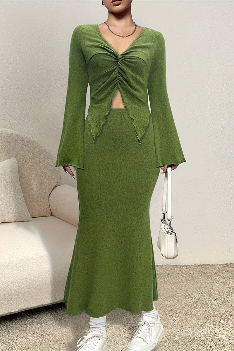 CWSS1131_BELL SLEEVE SHORT TOP AND FISHTAIL SKIRT SET