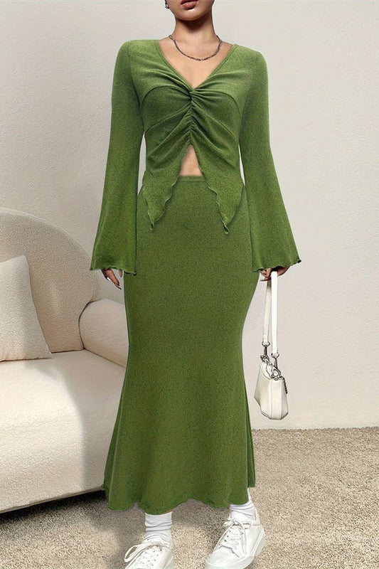 CWSS1131_BELL SLEEVE SHORT TOP AND FISHTAIL SKIRT SET