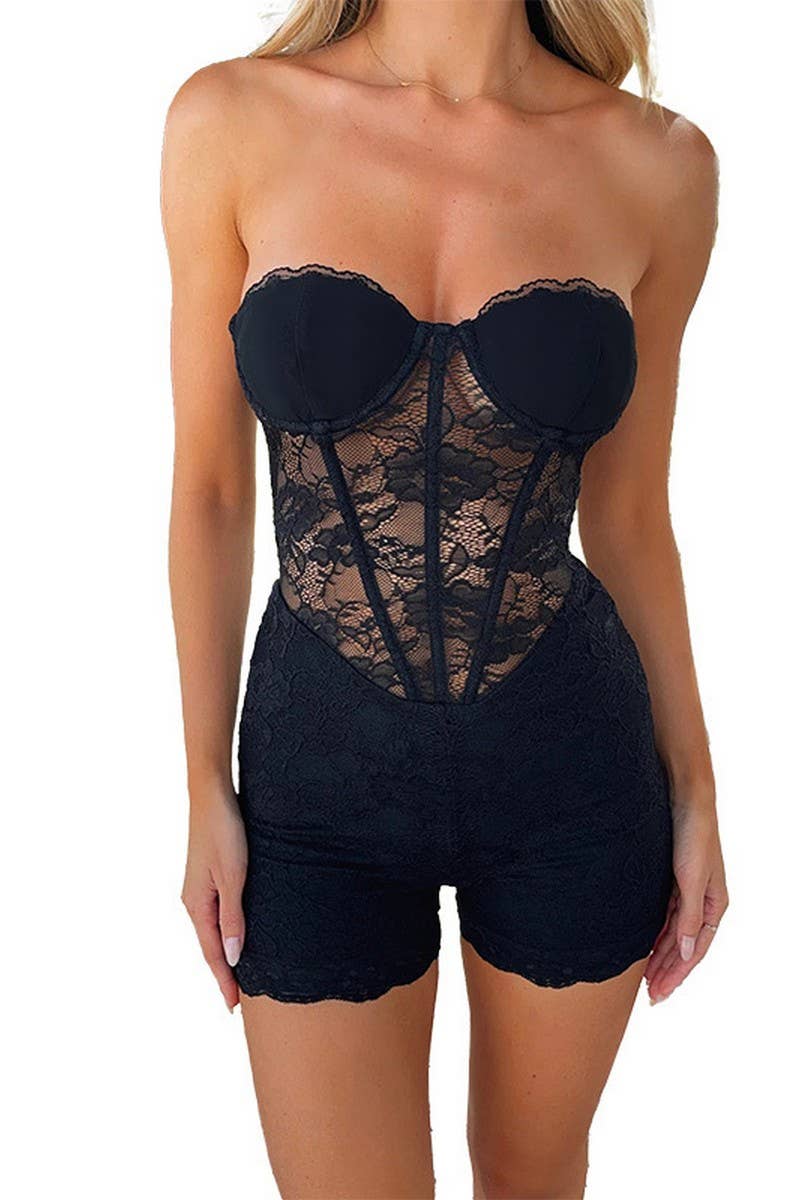 CWSJS1292_SEXY SLIM TUBE TOP LOTUS LACE JUMPSUIT SHORTS