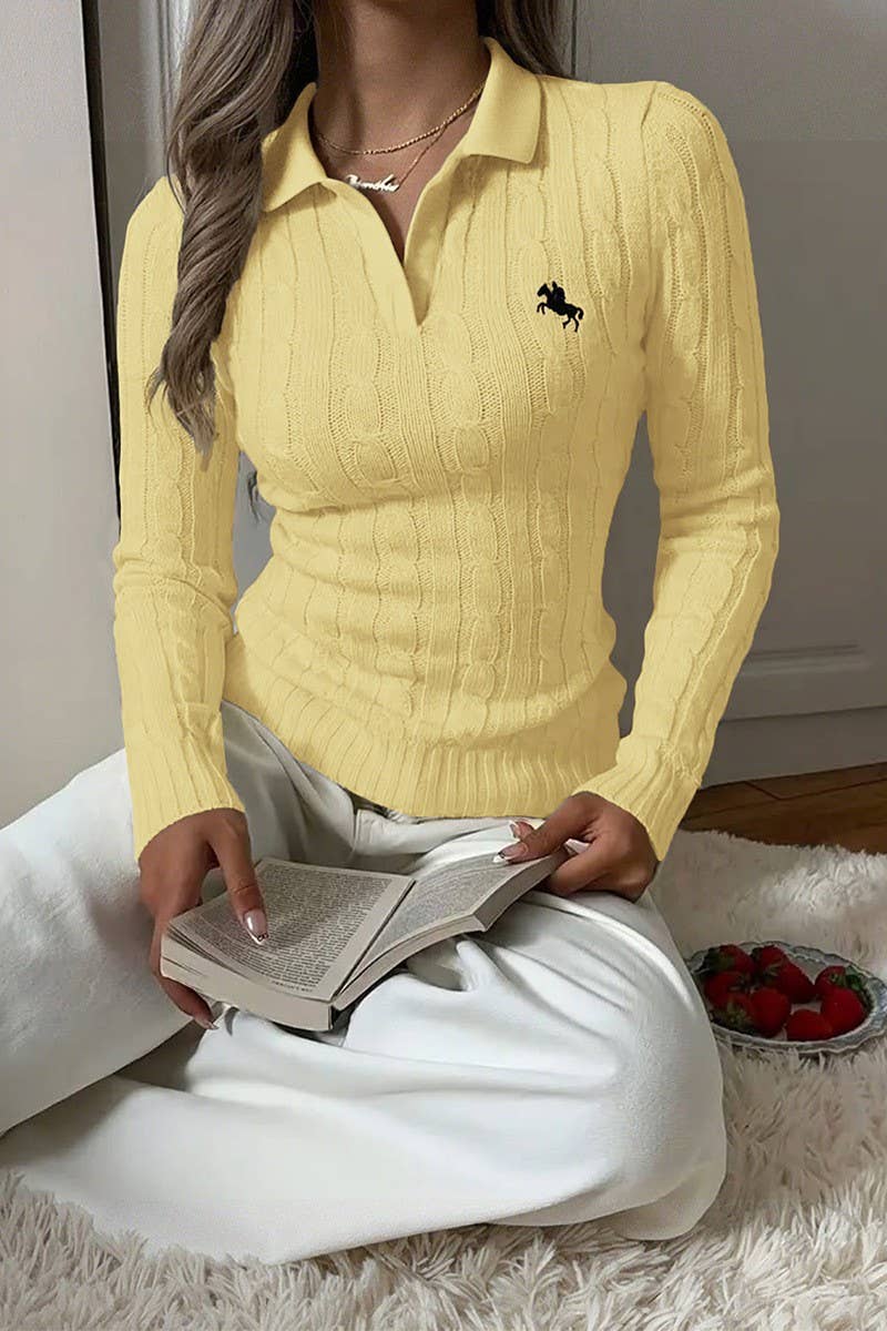 CWOSWL07496_SOLID EMBROIDERED LONG SLEEVE COLLARED KNIT TOP