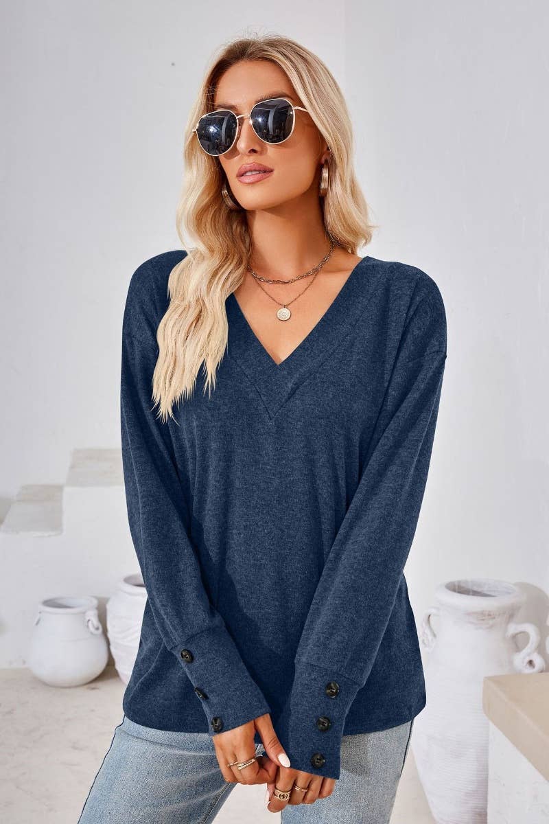 CWTBLL2683_AUTUMN LOOSE SIMPLE V-NECK LONG SLEEVE TOP