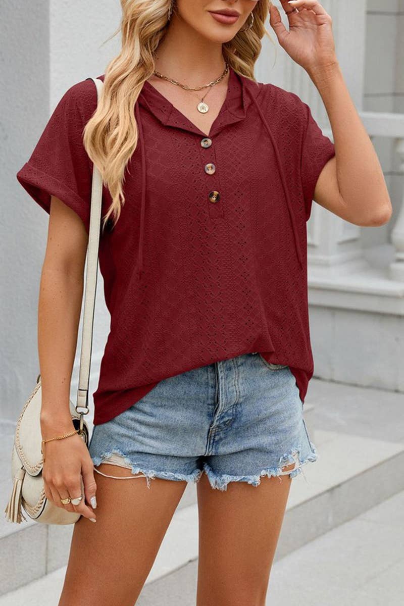 CWTTS1351_SUMMER BUTTON HOODED SHORT-SLEEVED T-SHIRT