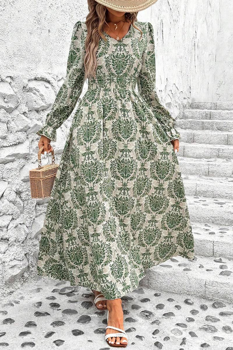 CWDMD4100_PRINTED V-NECK LONG-SLEEVED SWING DRESS