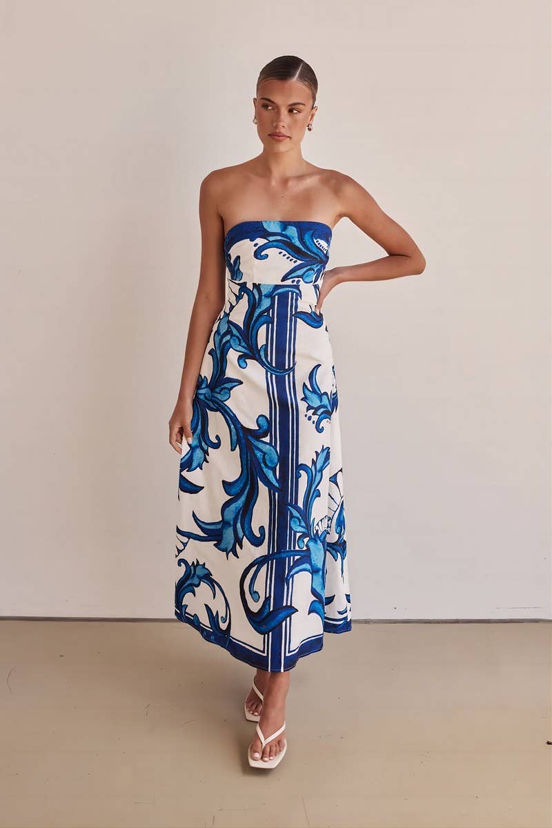 CWDTD0442_STRAPLESS FLORAL PRINT FITTED MAXI DRESS