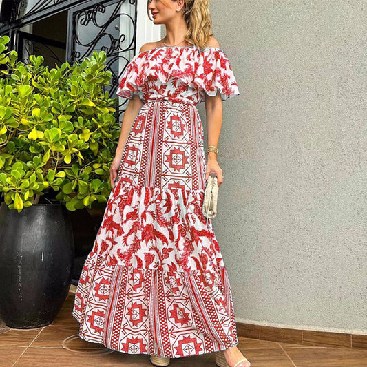 BOHO PRINT DRESS WITH A LINE NECK AND HIGH WAIST