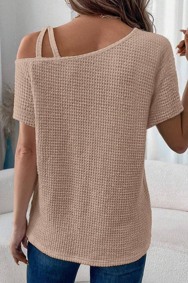 CWTBLS1617_SOLID COLOR OFF-SHOULDER SHORT-SLEEVED KNIT TOP