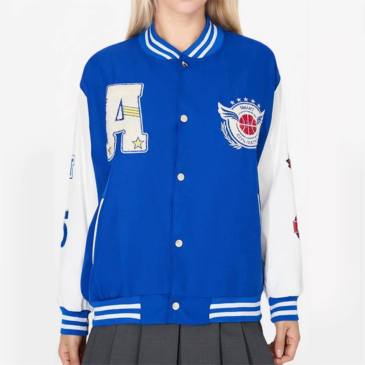 COLOR CONTRAST LETTER PRINT BASEBALL JACKET
