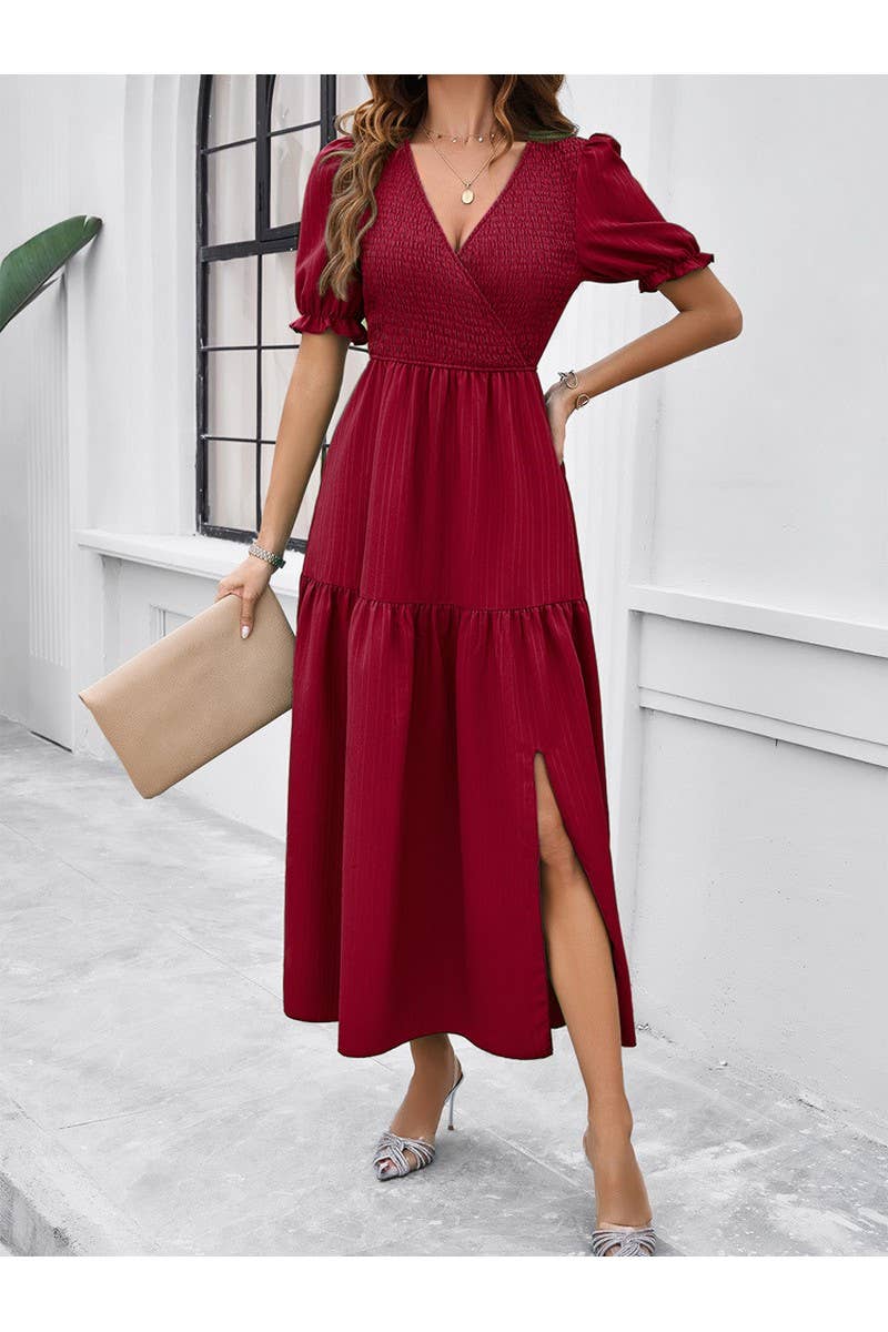 CWDMD2403_V-Neck Smocking Short Sleeve Split Midi Dress