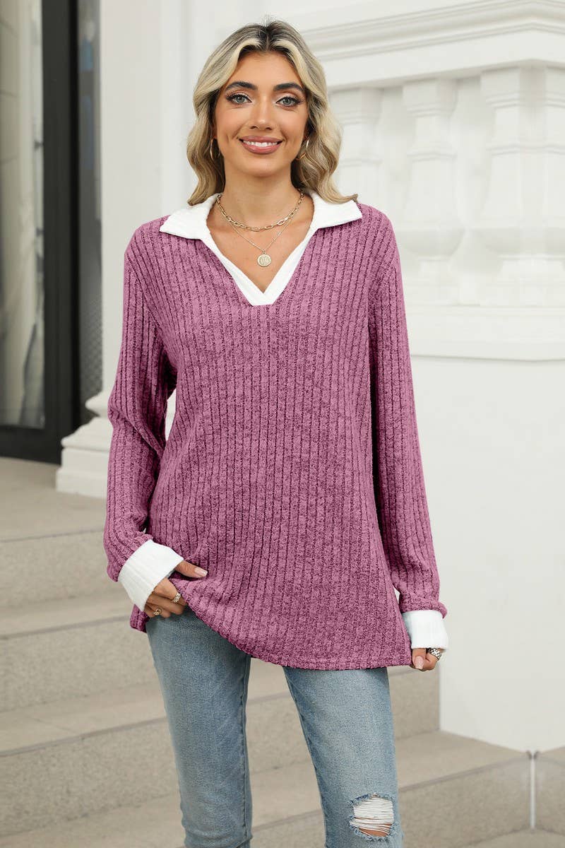 CWTBLL1874_CONTRAST COLOR LAPEL LONG SLEEVE LOOSE TOP