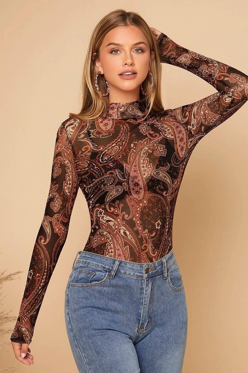 CWTBLL3917_PRINTED STAND COLLAR MESH LONG SLEEVE TEE