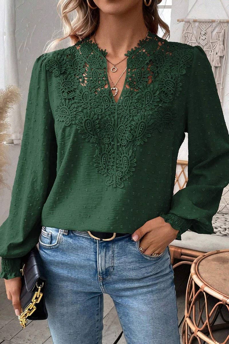 CWTTL2006_V-NECK LACE SOLID COLOR LONG-SLEEVED CASUAL TOP