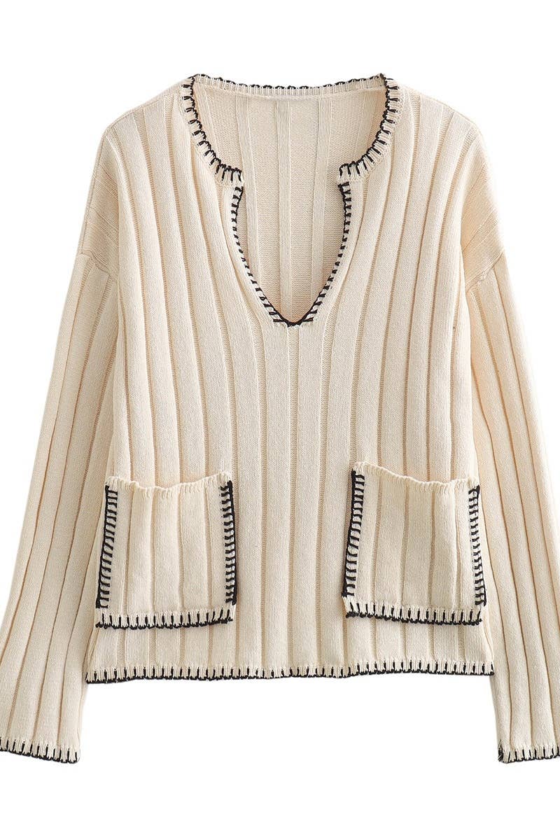 CWOSWL6223_KNITTED V-NECK LONG-SLEEVED POCKET SWEATER