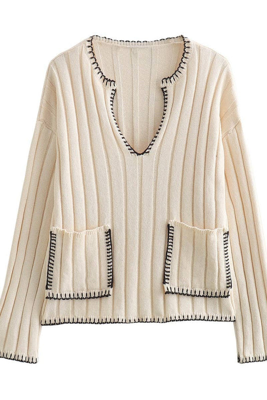 CWOSWL6223_KNITTED V-NECK LONG-SLEEVED POCKET SWEATER