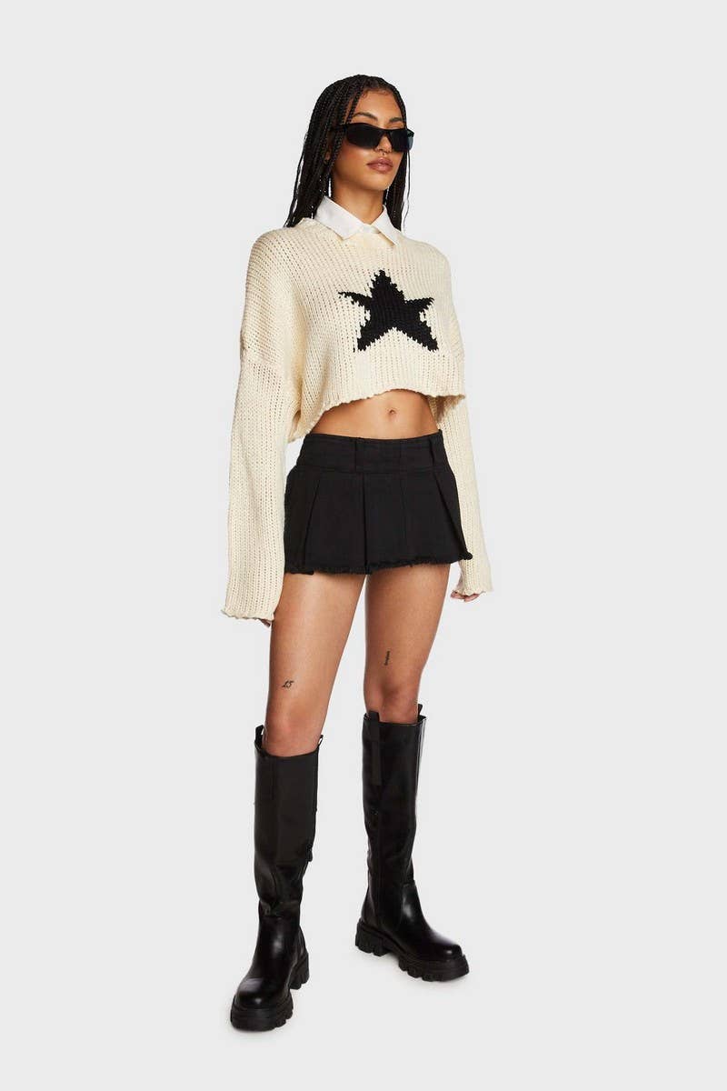 CWOSWL5747_ROUND NECK FIVE-POINTED STAR SHORT KNIT TOP