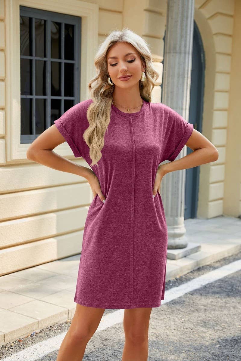 CWDSD3086_Round Neck Short Sleeve Knit T-shirt Dress