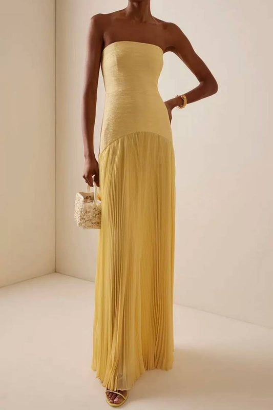 CWDMD6029_SOLID CASUAL RIBBED PLEATED STRAPLESS DRESS