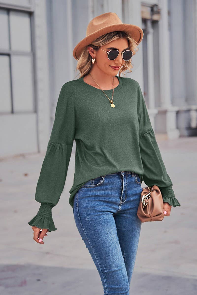 CWTBLL1880_ROUND NECK LOOSE CUFFS LANTERN SLEEVE TOP