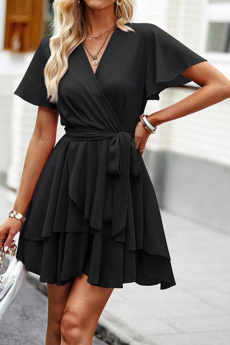 CWDSD2346_V-Neck Wrap ruffle Sleeve Floral Print Mini Dress