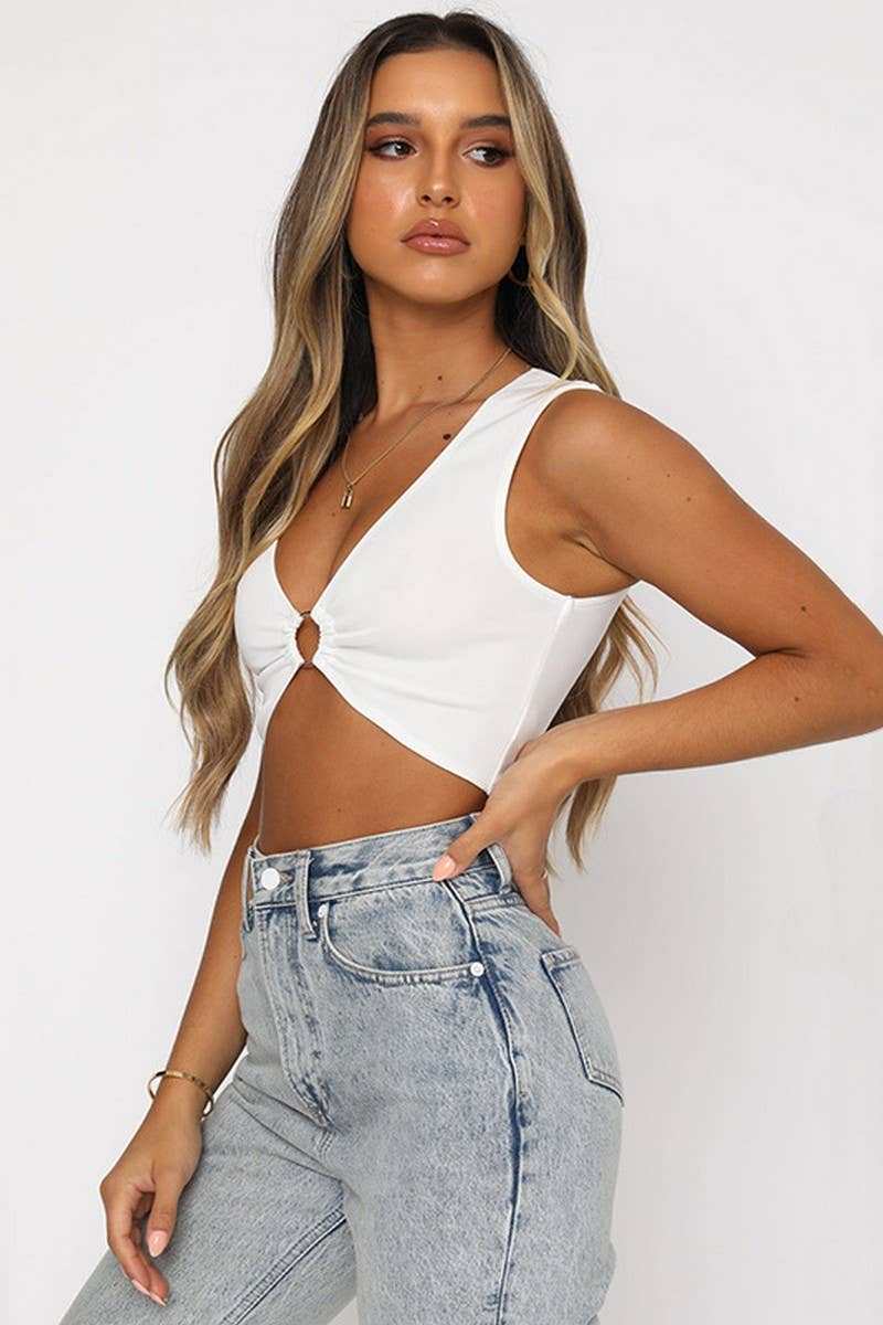 CWTTK0824_SOLID COLOR HOLLOW NAVEL-BARING V-NECK VEST