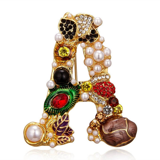 CWAJE2565_LETTER PEARL RHINESTONE OIL PAINTING BROOCH