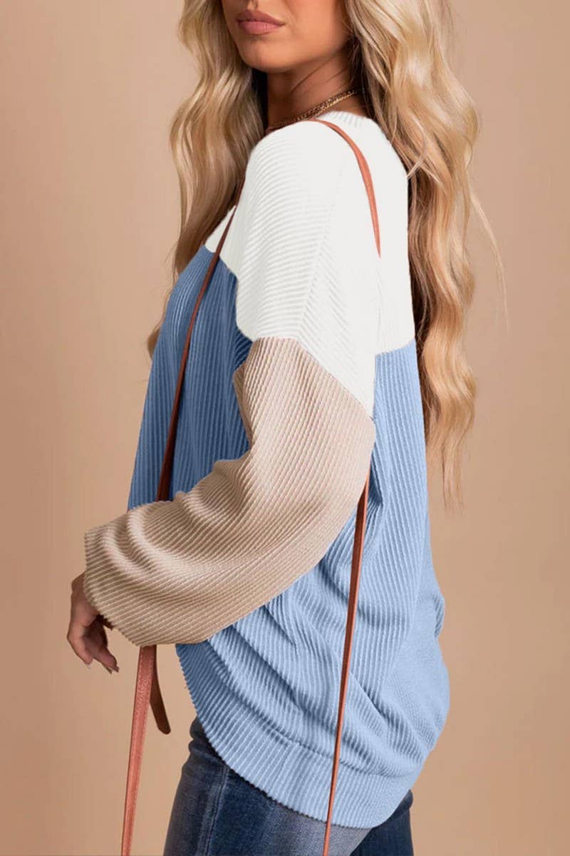 CWTBLL1828_ROUND NECK TWISTED STRIPE COLOR BLOCK LOOSE TOP