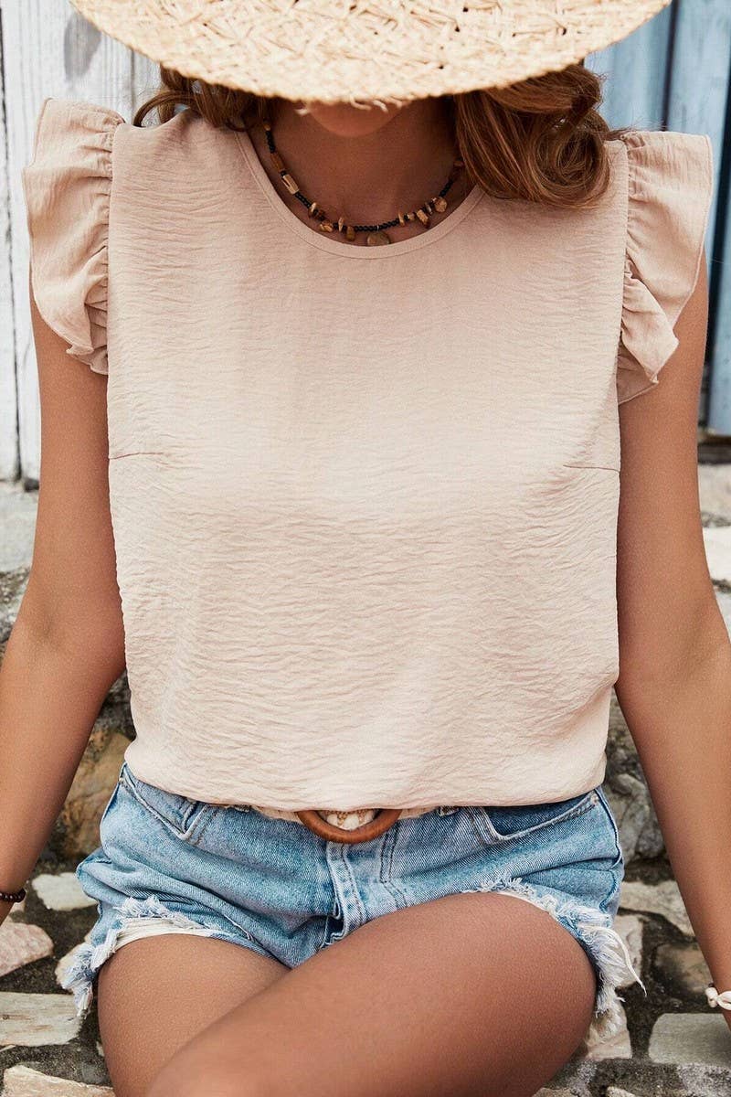 CWTBLSL0696_SOLID COLOR ROUND NECK RUFFLE BOW VEST TOP