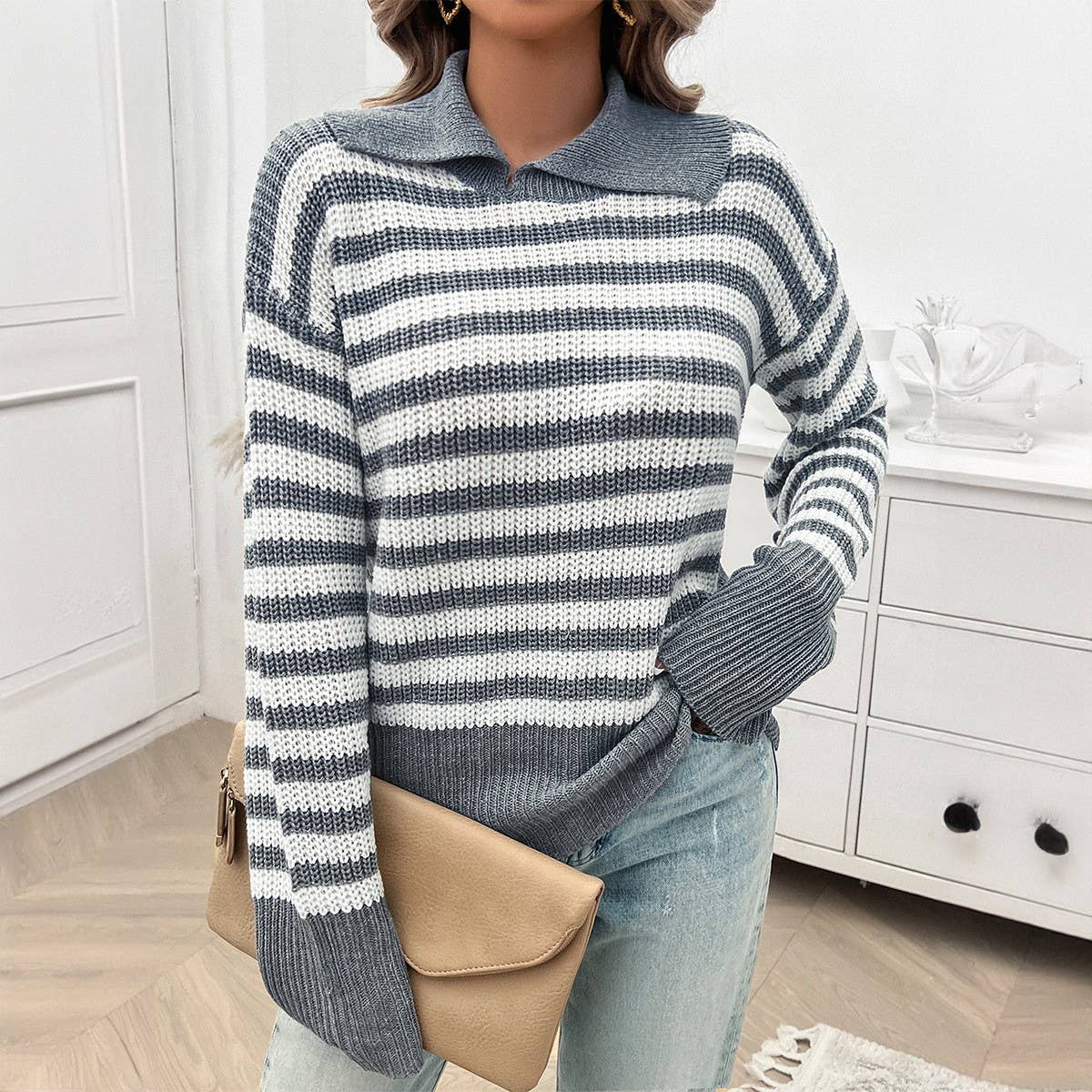 Casual baggy lapel striped long-sleeved sweater