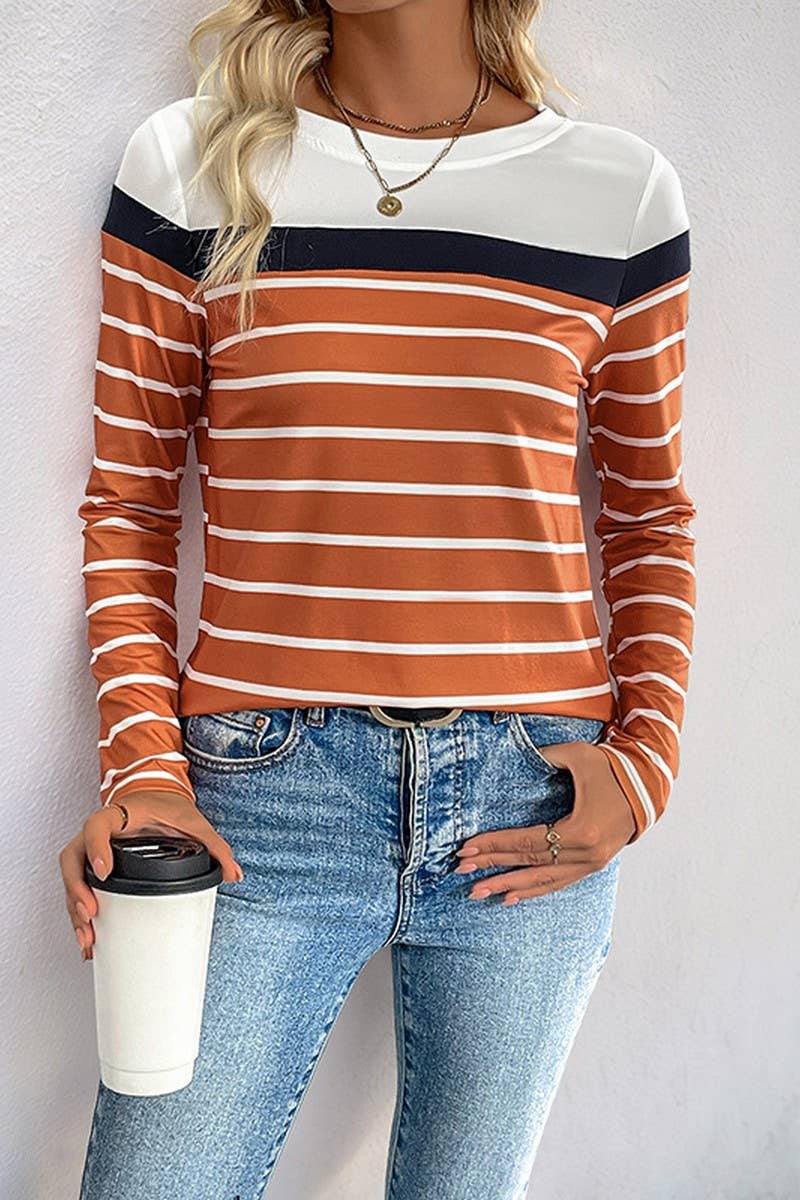CWTBLL4034_CASUAL CREW NECK STRIPED LONG SLEEVE TOP