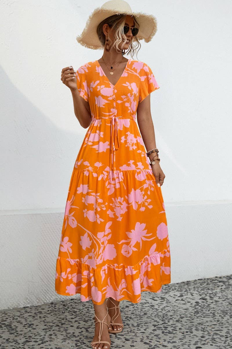 CWDMD2767_V-NECK FLORAL PRINT BUTTON-DOWN LONG DRESS