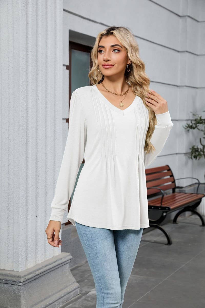 CWTBLL01306_V NECK RIBBED SOLID LONG SLEEVE CASUAL TEE